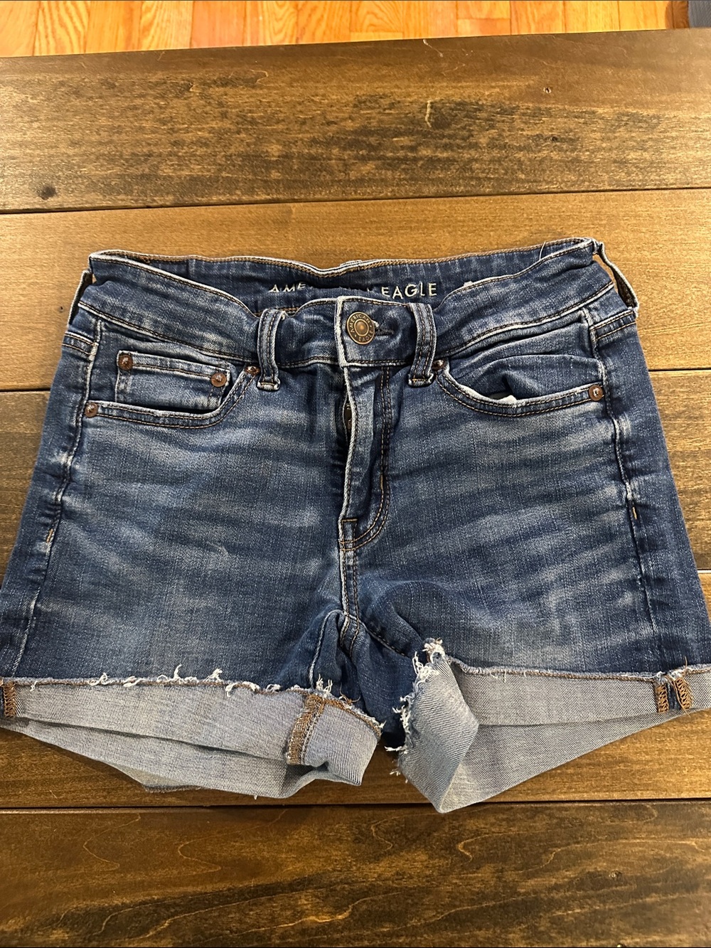 American Eagle Outfitters Dark Blue Distressed Rolled Hem Denim Shorts